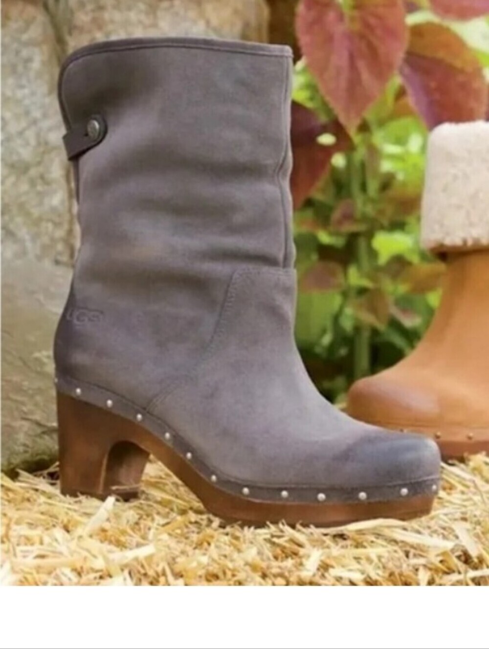 UGG lynnea Gray Suede Heeled Mid-Calf Clog Boot with Stud Trim